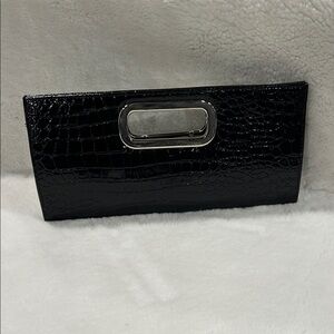 Sleek Black Crocodile-Patterned Clutch